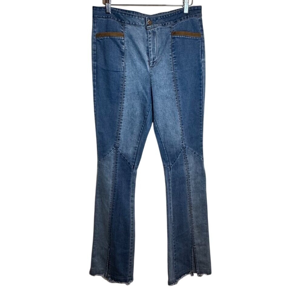 Hummingbird Womens Size M High Waisted Patchwork Flare Jeans Blue Multi Slit Hem
